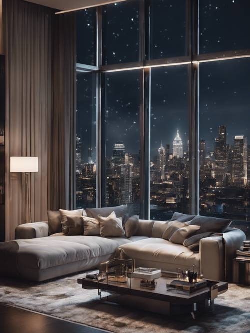 Uma sala de estar ultramoderna na cobertura com janelas do chão ao teto com vista para uma paisagem urbana noturna, adornada com uma decoração elegante e minimalista.
