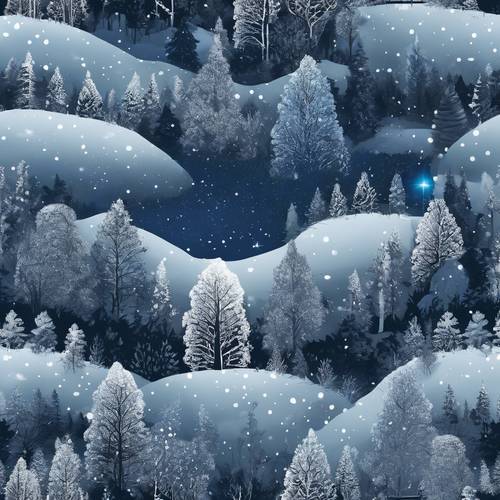 Un patrón sin costuras de un bosque nevado bajo el cielo estrellado de una noche de invierno.