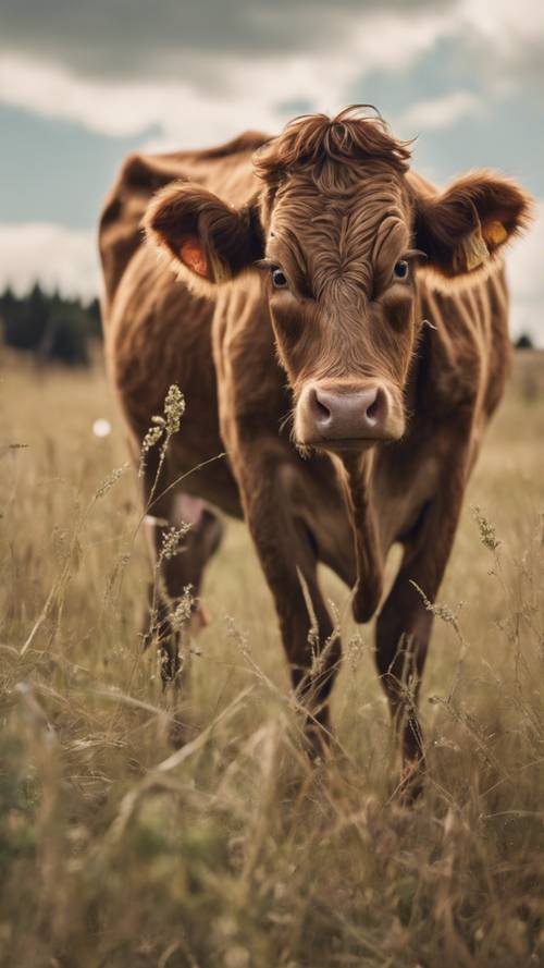 Ein fotorealistisches Bild einer braunen Kuh mit einer sichtbaren Kuhglocke um den Hals, die auf einer Weide grast