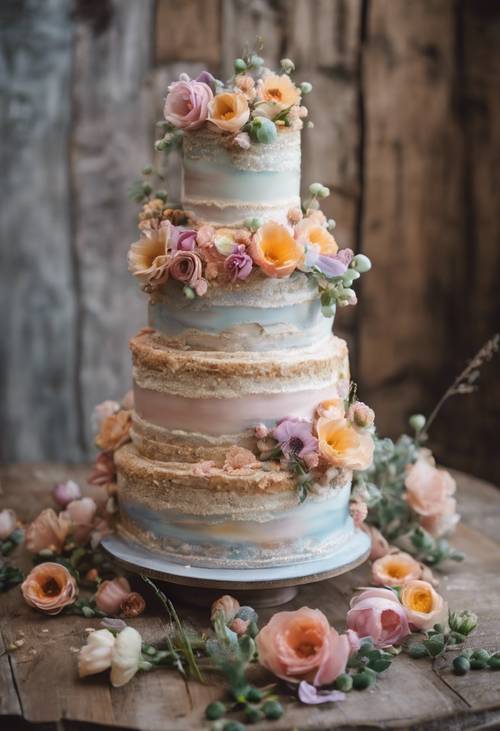 Siedmiopoziomowy tort weselny ozdobiony jadalnymi kwiatami w pastelowych odcieniach, prezentowany na rustykalnym stole.
