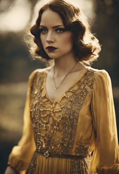 Gaun vintage berwarna kuning tua dari era mode tahun 1920-an.