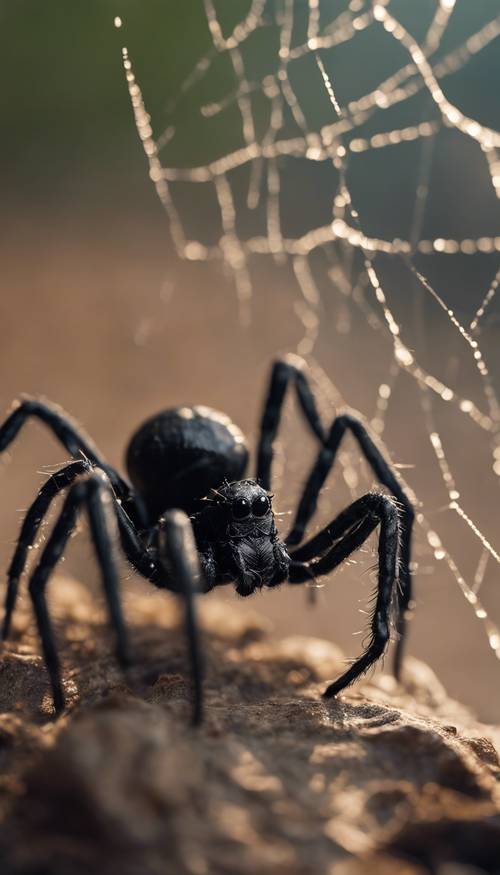 Um retrato realista de uma aranha negra tecendo sua teia.