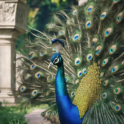 طاووس ملكي يستعرض ذيله المتقزح اللون المملوء بالياقوت والزمرد ويتوهج بفخر في حديقة القلعة الفاخرة.