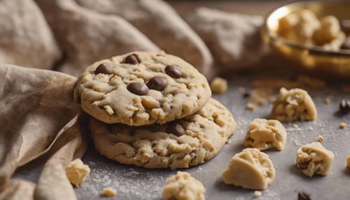 Một chiếc bánh quy được nướng chín vàng, đặt trên nền bột bánh quy thô và một chiếc cán bột.