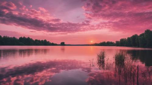 Sakin bir göl üzerinde çarpıcı bir pembe ombre gün batımı.