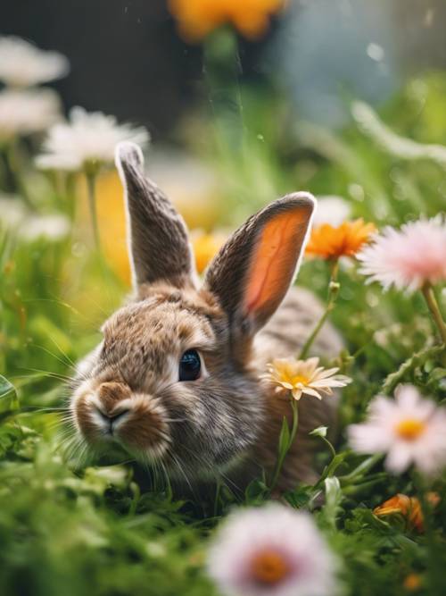 Taze yeşil çimenler ve rengarenk çiçeklerle çevrili küçük bir delikten dışarı bakan meraklı bir tavşanın eğlenceli görüntüsü.