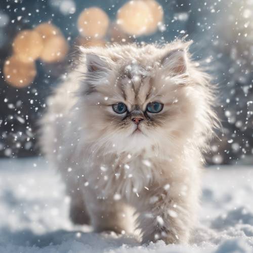 Анимированная зимняя сцена, в которой пушистый персидский котенок гоняется за движущимися снежинками.