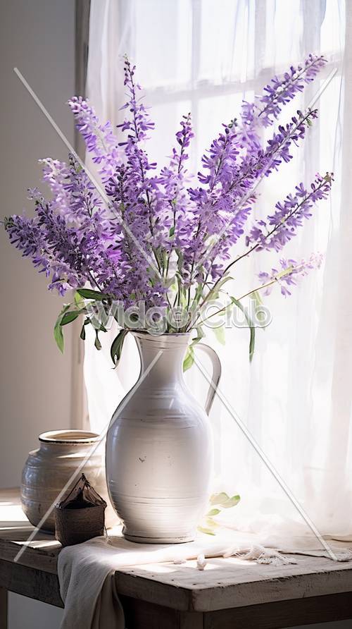 Lindas flores roxas em um vaso branco perto da janela