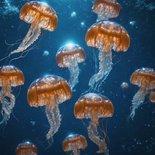An aggregation of jellyfish, floating like alien spacecraft, in the deep blue sea.