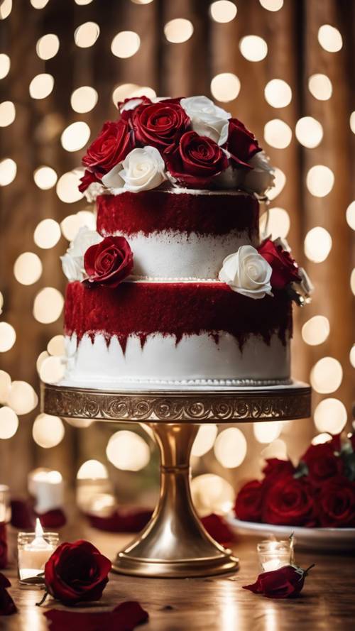 Three-tiered red velvet wedding cake adorned with white roses, against a backdrop of twinkling fairy lights.