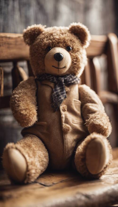 Ein brauner Vintage-Teddybär sitzt auf einer Holzbank in einem alten Spielzimmer.