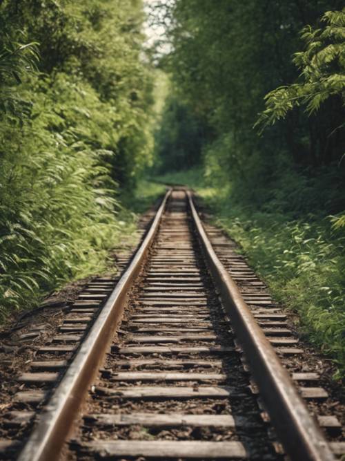 Yemyeşil bir ormana giden ıssız bir rustik demiryolu yolu.