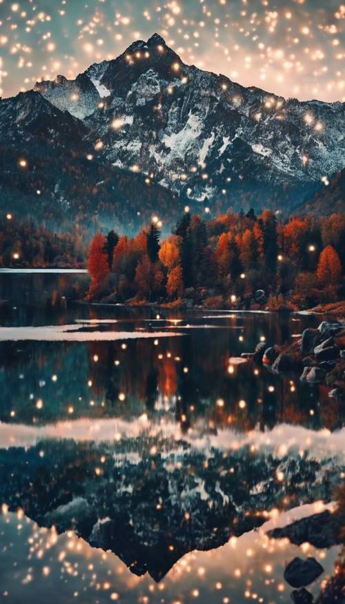 Ein tiefer, ruhiger See, eingebettet zwischen Bergen im Bohème-Stil, die im Mondlicht schimmernde Lichter reflektieren.