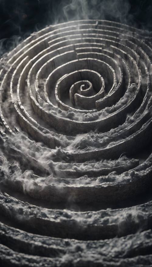 Ein Sturm aus silbernem Rauch, der in Form eines Labyrinths vor einem dunklen, stürmischen Hintergrund spiralförmig aufsteigt.