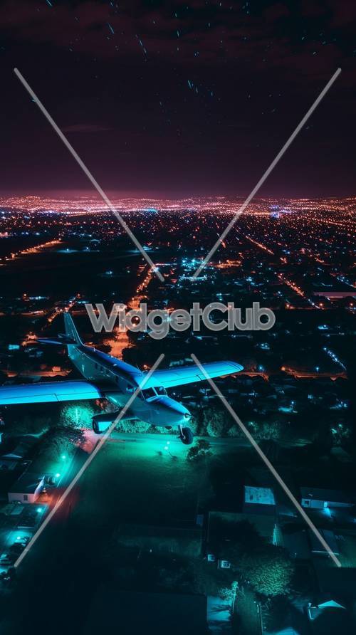 Night Sky Flight Over Glowing City Lights