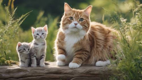 Un orgoglioso papà gatto che fa conoscere per la prima volta ai suoi cuccioli le meraviglie della natura.