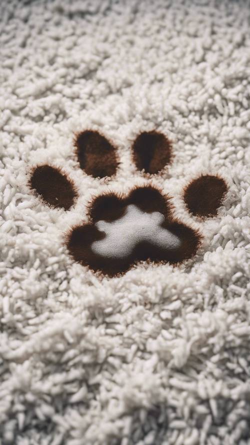A pegada de um cachorro sujo em um tapete branco imaculado.