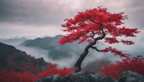 Pohon momiji Jepang dengan daun merah menyala dengan latar belakang pegunungan yang berkabut dan sejuk