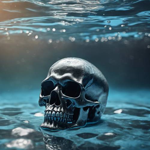 Un crâne noir immergé dans une eau cristalline et bleue.