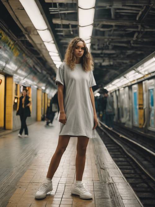 一个身穿超大号 T 恤衫裙和高帮运动鞋的酷炫时尚女孩，大步走在地铁站台上。
