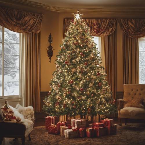 A fully decorated Christmas tree dazzles in the parlor of a colonial style house.