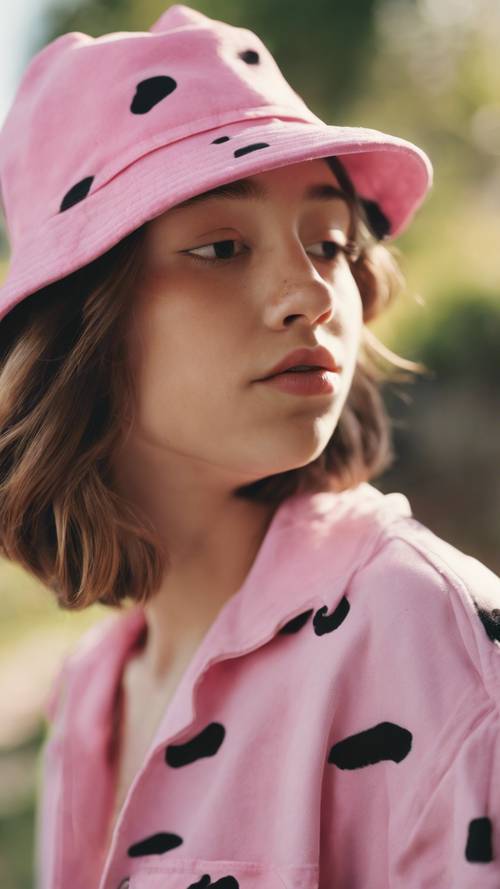 Ein stylisches Teenager-Mädchen, das an einem sonnigen Tag einen rosa Fischerhut mit Kuhmuster trägt.