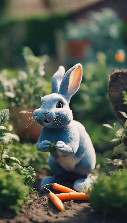 Снимок озорного синего кролика под высоким углом, крадущего морковку из сада.