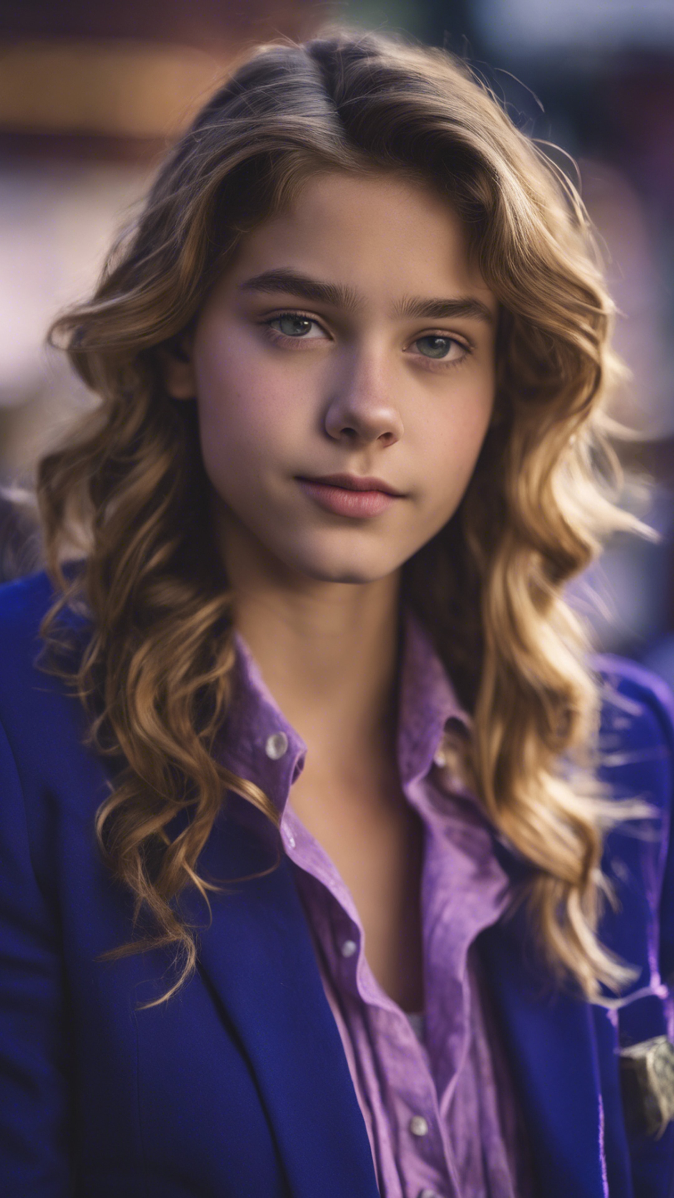 A preppy teenage girl wearing a royal blue blazer with purple button-down shirt. Tapet[785e4ff270ea4e79b652]