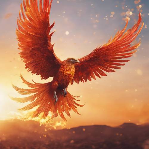 A phoenix in fiery colours, flying towards the sun in an endless,