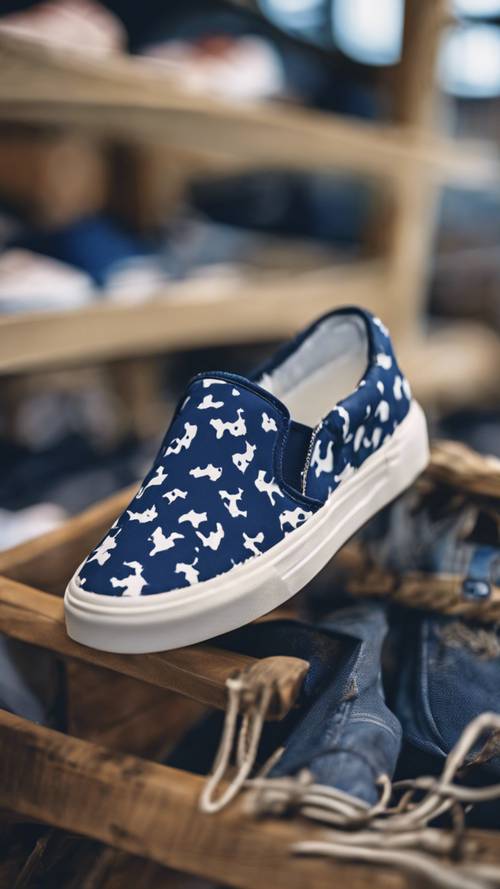 A pair of slip-on sneakers displaying a trendy, vibrant navy-blue cow print.