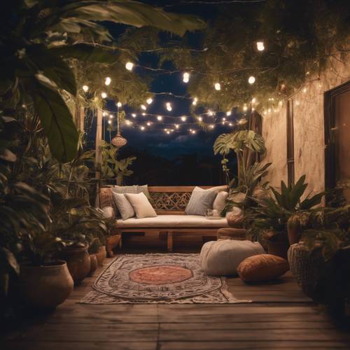A cozy boho decorated patio with tropical plants under a starry night sky.