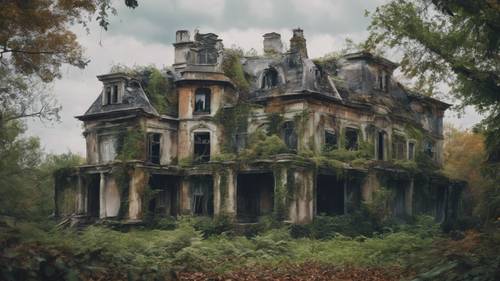 A hauntingly beautiful painting of a derelict mansion overrun by nature.