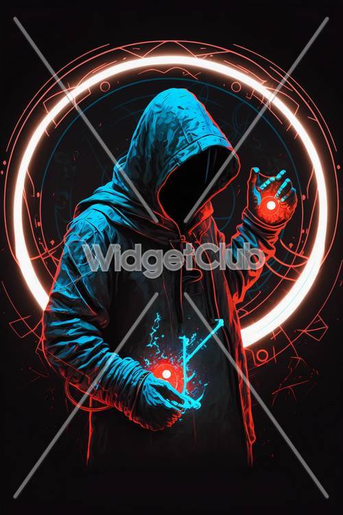 Glowing Neon Magic Circles with Mysterious Hooded Figure