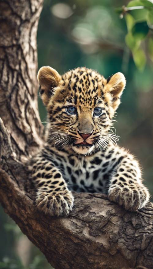Um bebê leopardo bocejando descansando em um galho de árvore.