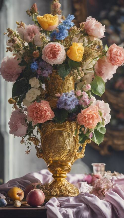 Ozdobny flamandzki obraz martwej natury, pełen majestatu i szczegółowo odwzorowanych kwiatów, umieszczony w złotym wazonie.