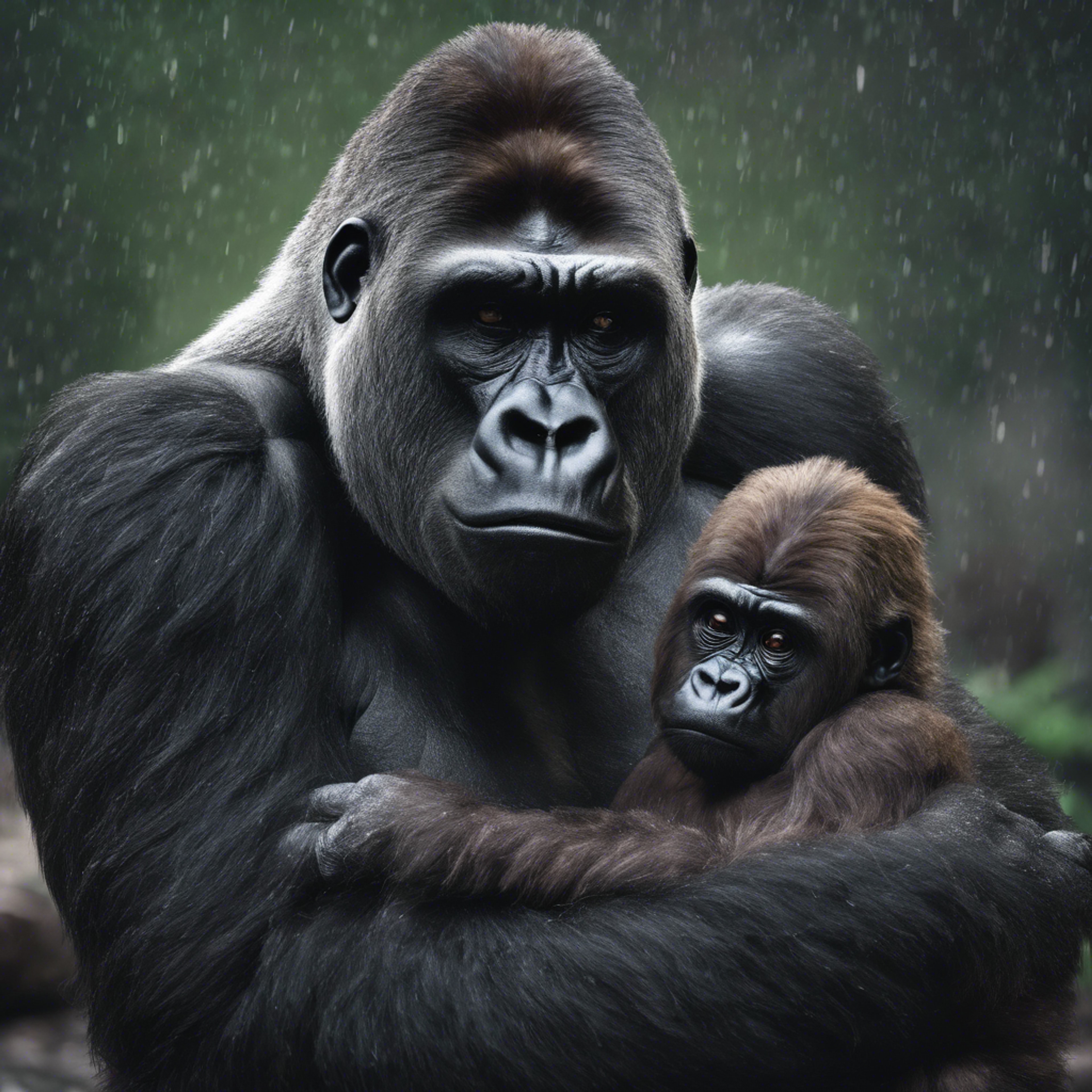 A soft, sensitive study of a gorilla father gently comforting his scared offspring during a thunderstorm. Tapéta[6d897e1fa87d4d60b202]