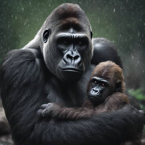 A soft, sensitive study of a gorilla father gently comforting his scared offspring during a thunderstorm.