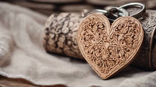 Half heart keychain of carved wood, with intricate floral patterns, against the backdrop of a rustic tablecloth.