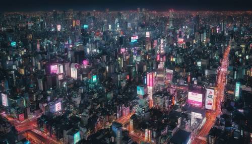 Uma vista aérea de Tóquio à meia-noite, paisagem urbana saturada de intensas luzes de néon.