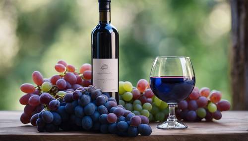 An elegant still life featuring a dark blue wine bottle and ripe grapes