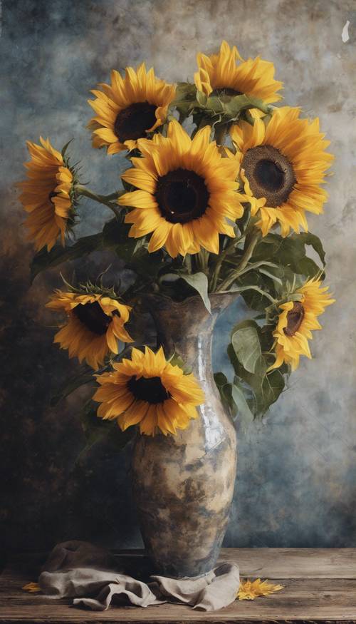 一幅褪色的乡村风油画，画中花瓶里插着一束深色向日葵。