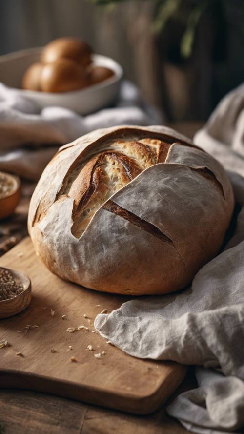 Okrągły bochenek rzemieślniczego chleba delikatnie zawinięty w lniany obrus, ustawiony na drewnianej desce do krojenia.