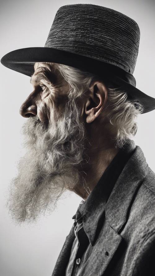 La silhouette di un uomo anziano con una lunga barba e un cappello, in netto contrasto con lo sfondo bianco.