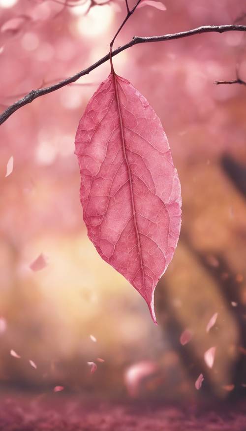 Digital drawing of a pink autumn leaf falling gently from a tree. Tapeta [93ce7730703847b4a78e]