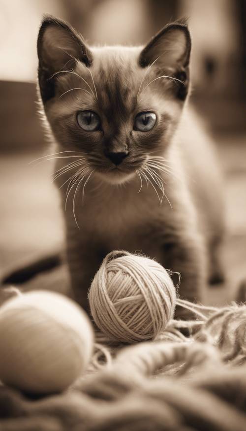 Một bức ảnh cổ điển có tông màu nâu đỏ chụp một chú mèo Xiêm vui tươi với một cuộn len.