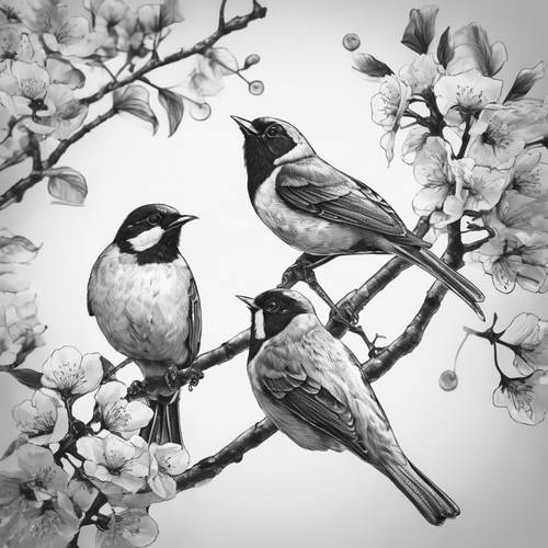 흑백 빈티지 클립 아트 스타일의 그림에는 벚나무 위에서 행복하게 노래하는 두 마리의 새가 그려져 있습니다.