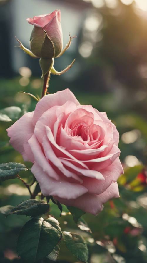 Mawar indah berbentuk hati berwarna merah muda mekar di taman hijau subur.