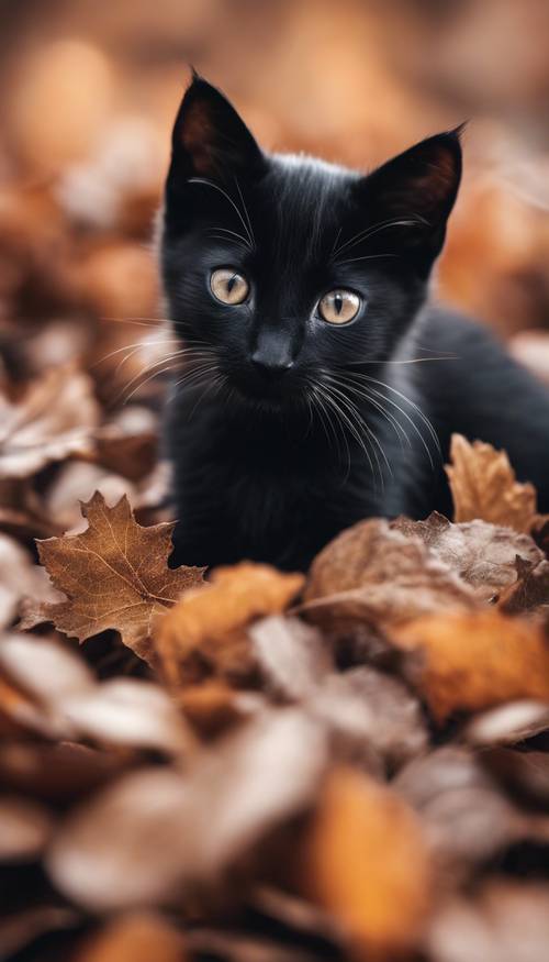 Um encantador gatinho preto com bigodes brancos de alto contraste, escondido em uma pilha de folhas de outono.