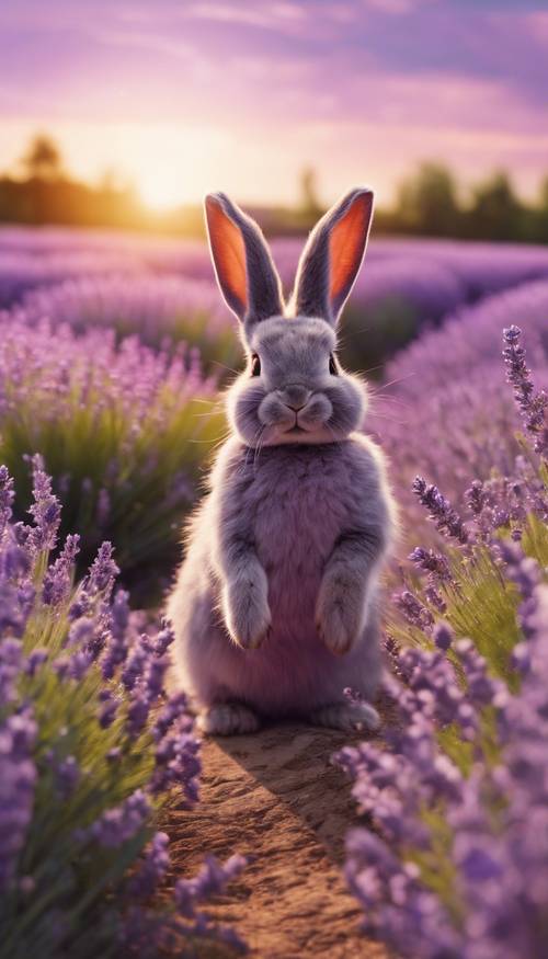 보슬보슬한 보라색 토끼가 해질녘 꽃이 만발한 라벤더 밭을 뛰어다니고 있습니다.