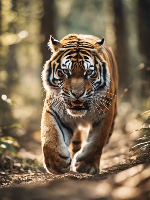 一只敏捷的老虎在寂静的森林中跳跃追逐猎物